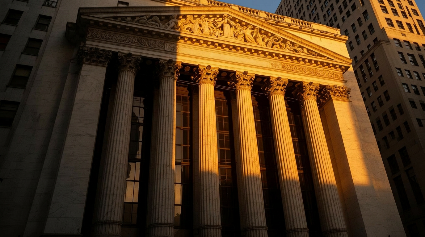 Classical American banking institution at golden hour